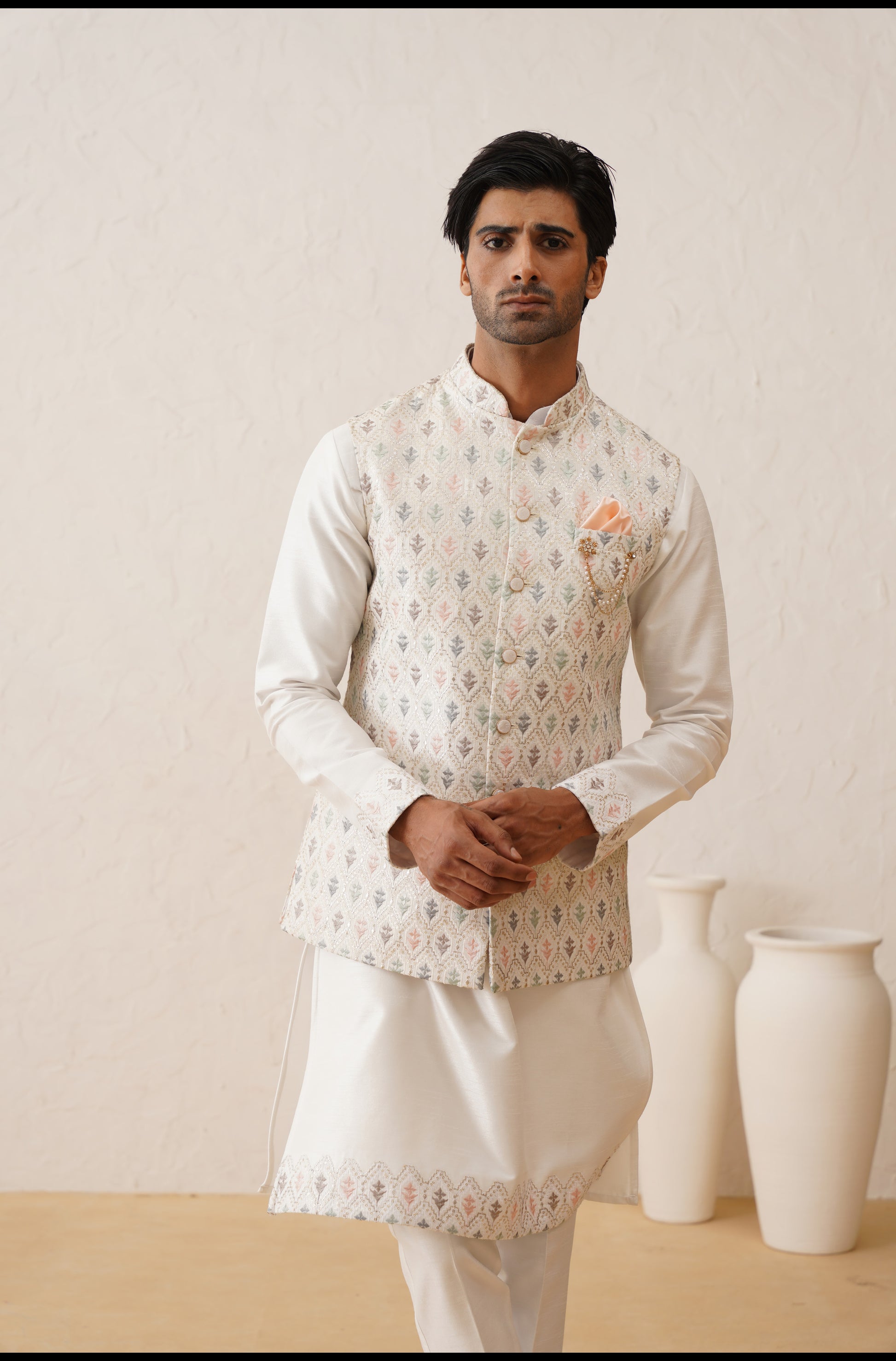 Buy Ivory Multicolor Thread Embroidered Waistcoat Kurta Set for