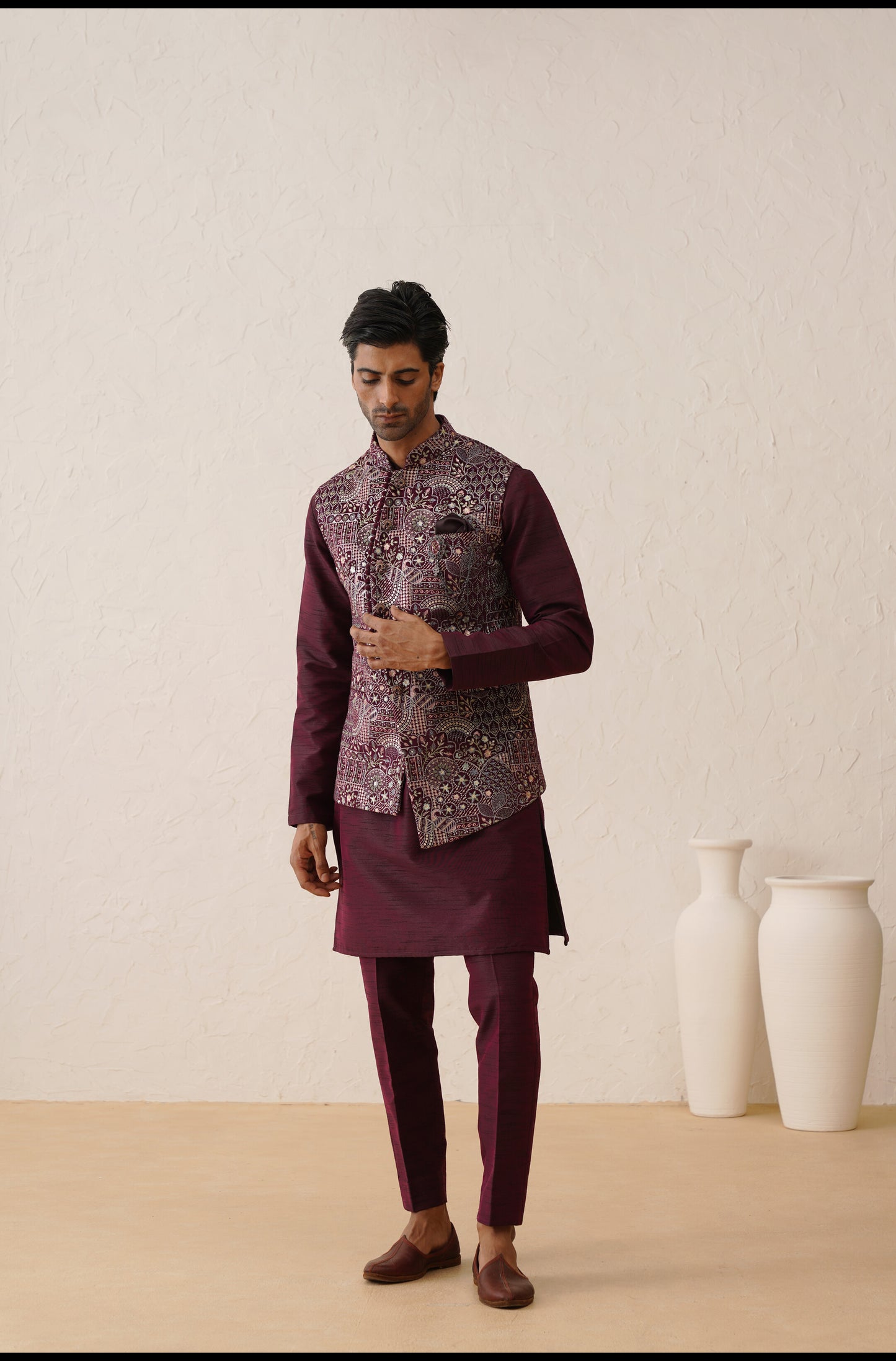 Wine Thread Embroidered Waistcoat Kurta set On Suede