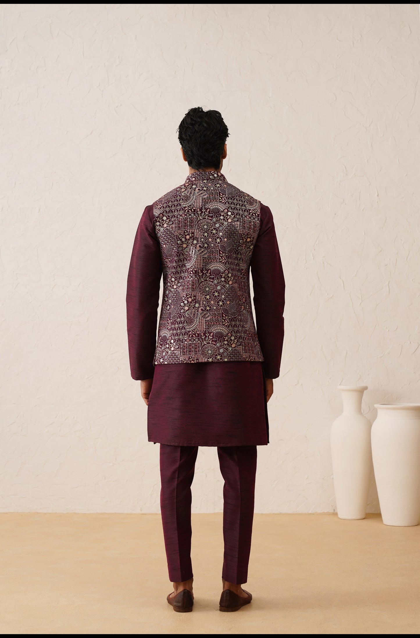 Wine Thread Embroidered Waistcoat Kurta set On Suede