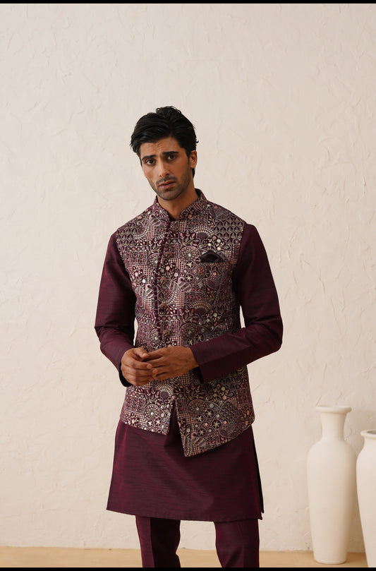 Wine Thread Embroidered Waistcoat Kurta set On Suede