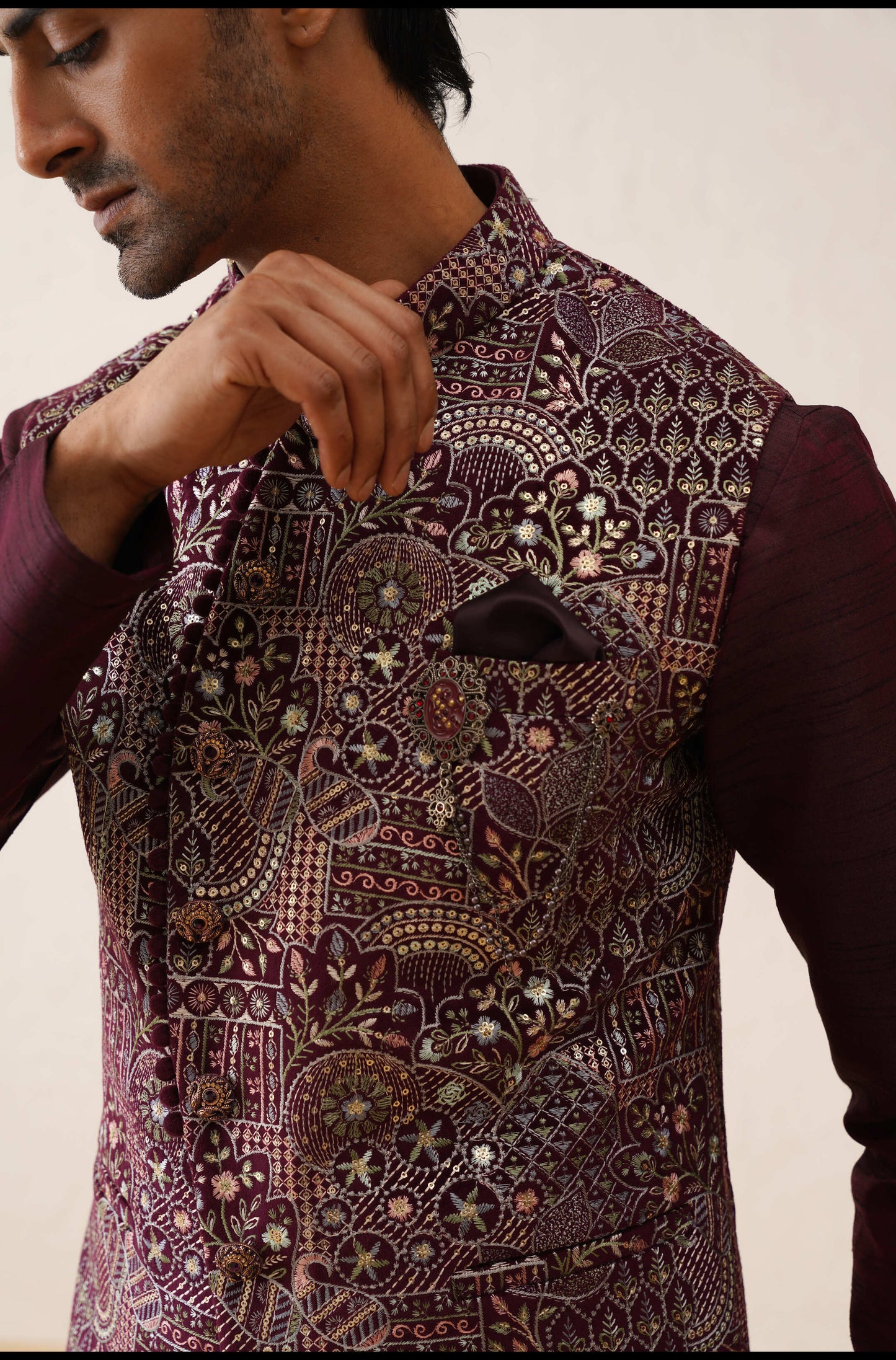 Wine Thread Embroidered Waistcoat Kurta set On Suede