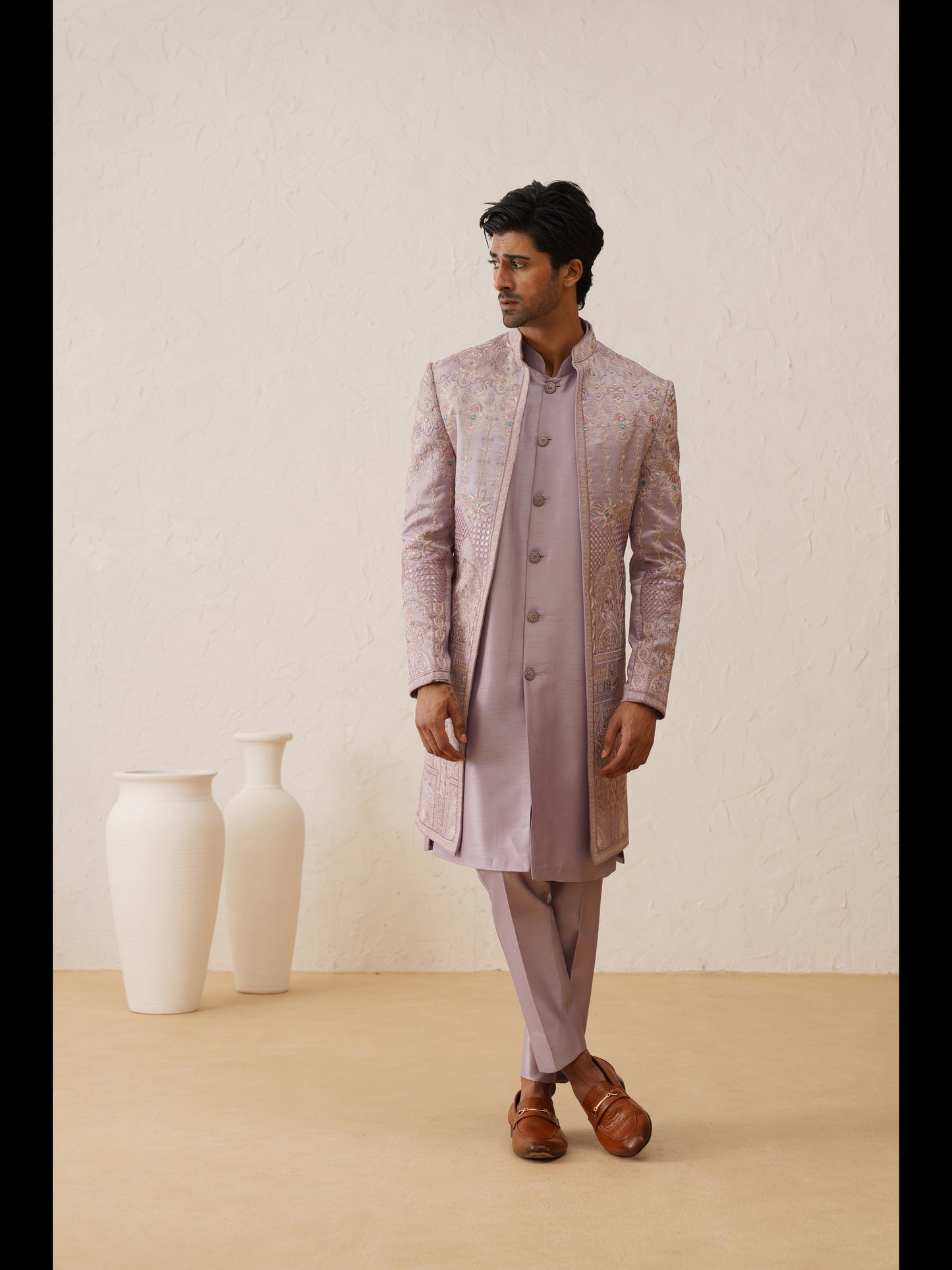 Lavender Multi Color Resham And Sequins Embroidered Indowestern Set