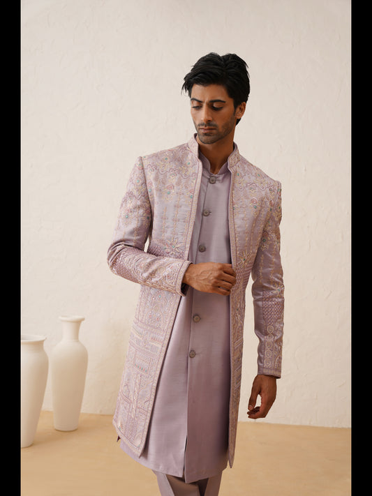 Lavender Multi Color Resham And Sequins Embroidered Indowestern Set