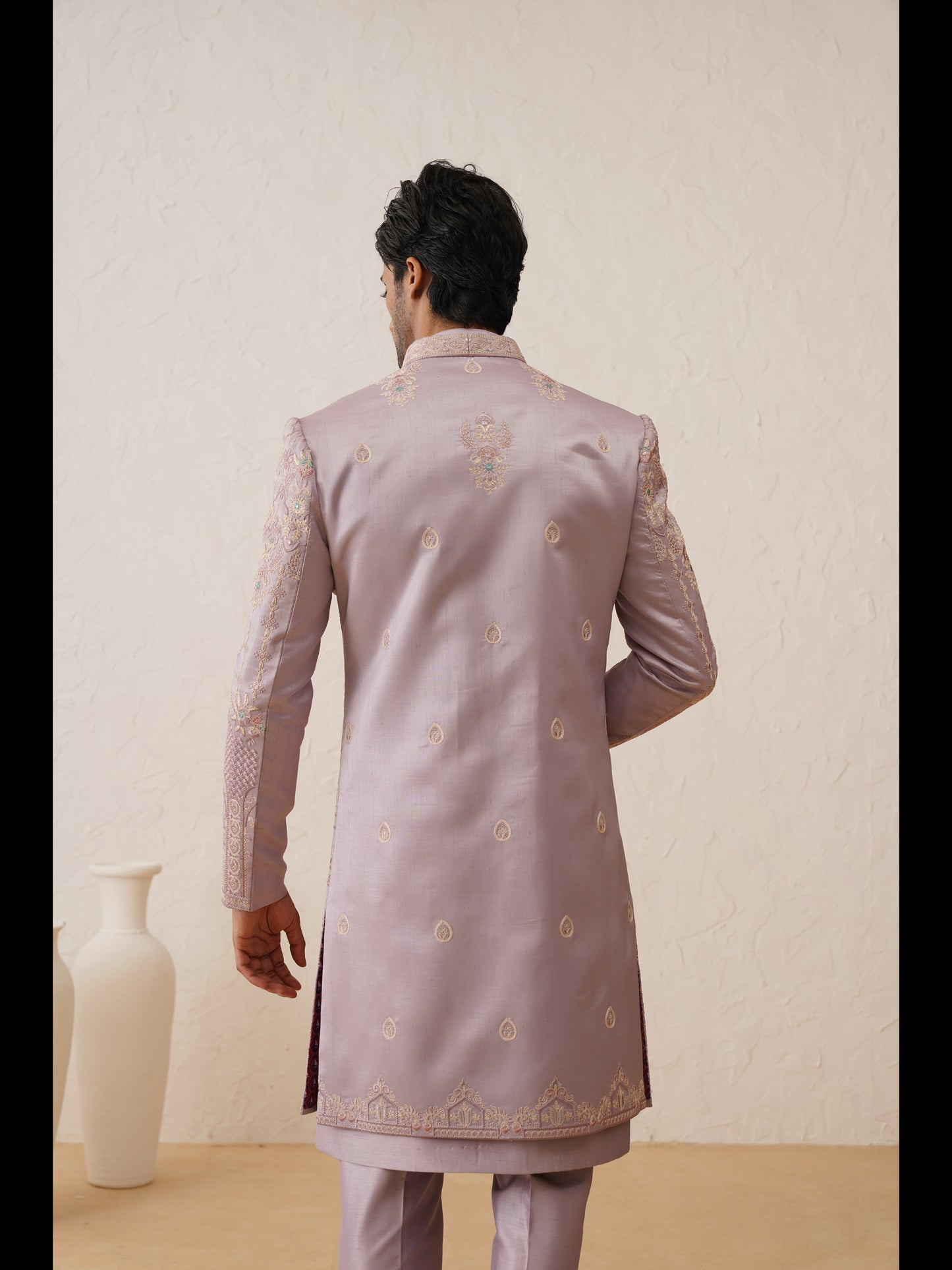 Lavender Multi Color Resham And Sequins Embroidered Indowestern Set