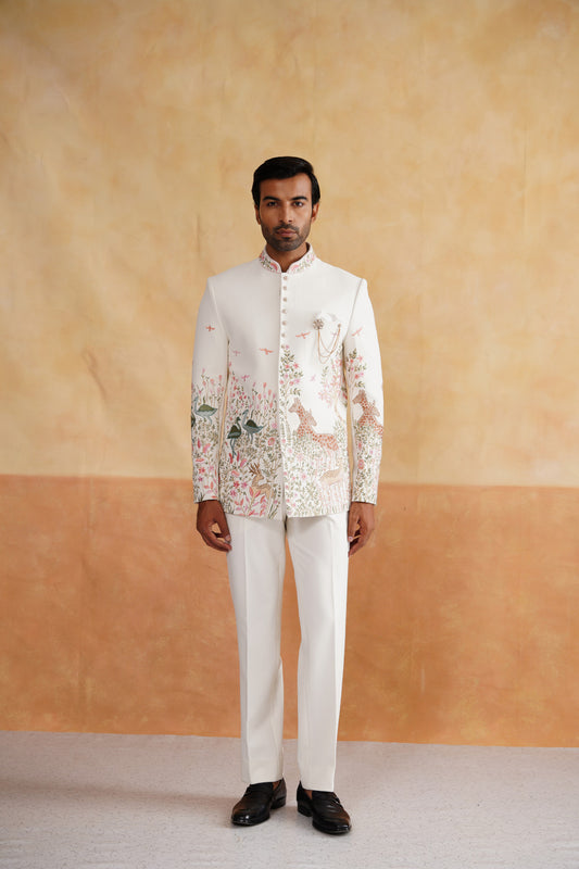 Ivory Bandhgala Suit with Pastel Wildlife Embroidery