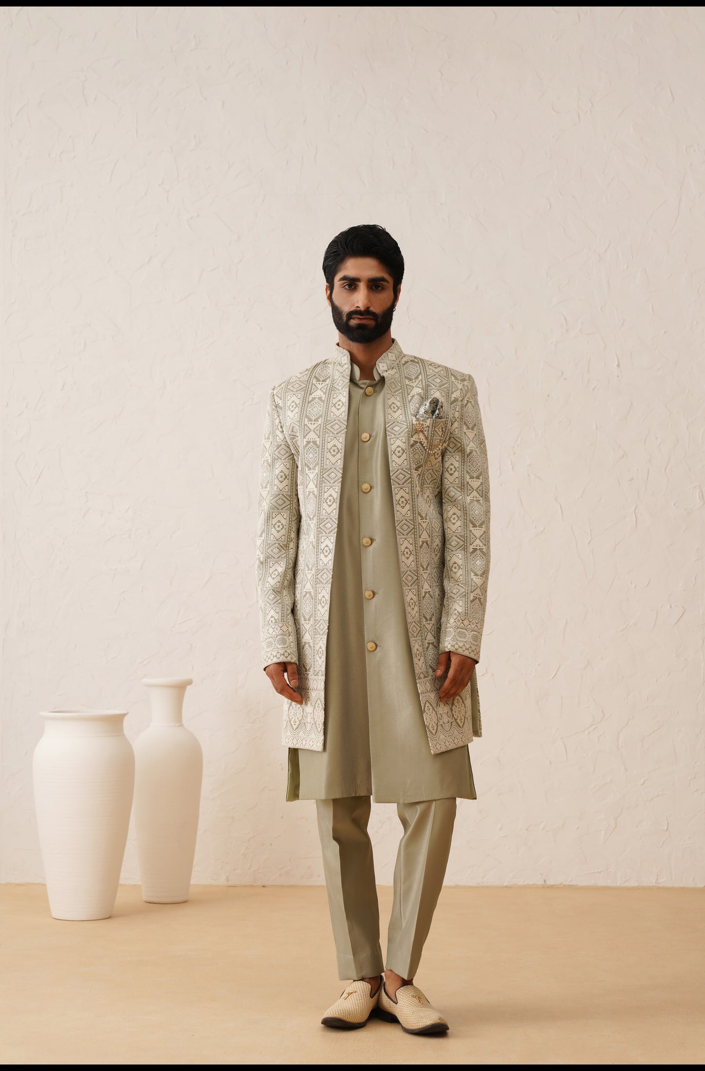 Green Chikankari Open Indowestern On Silk