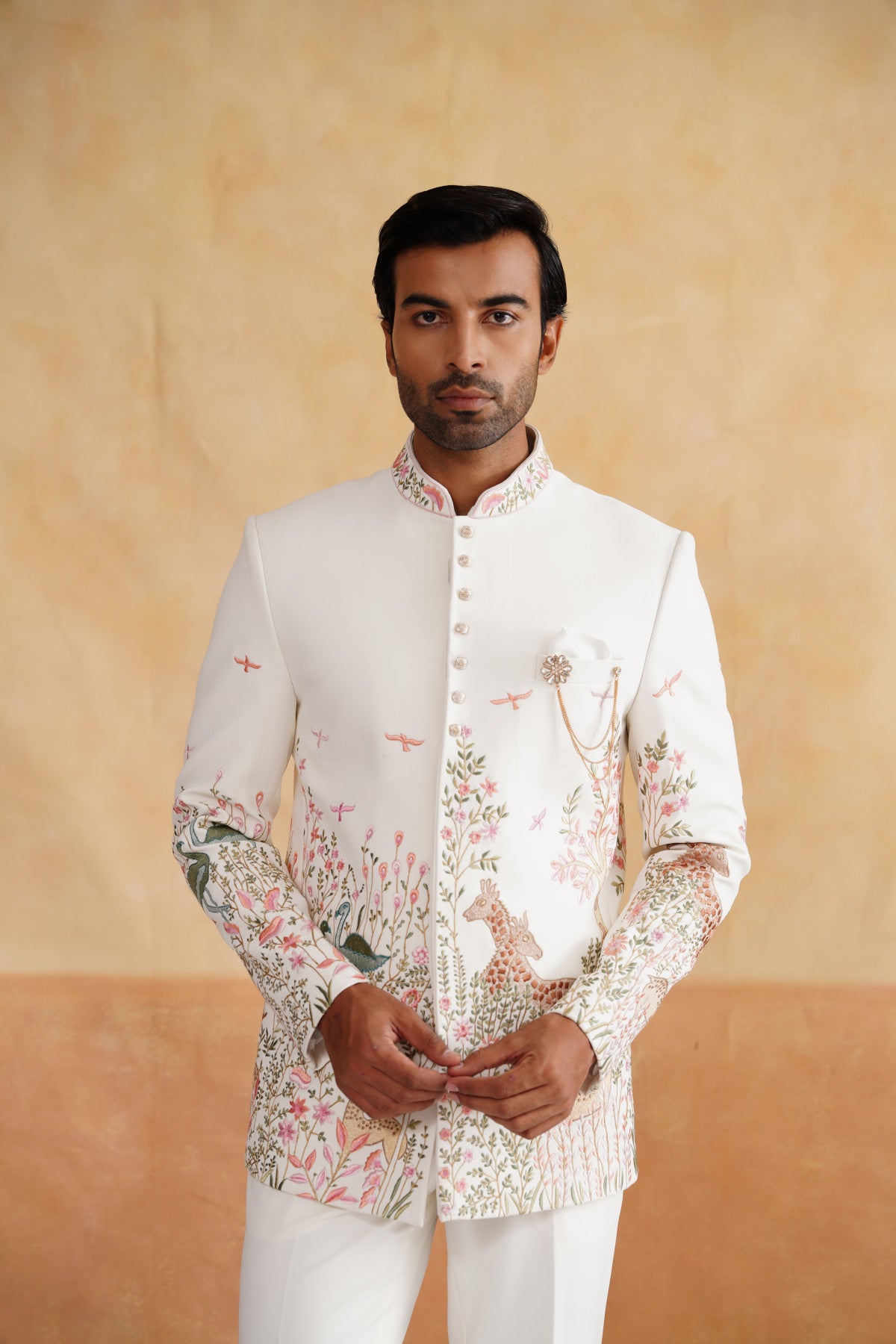 Ivory wildlife embroidery indo western shop