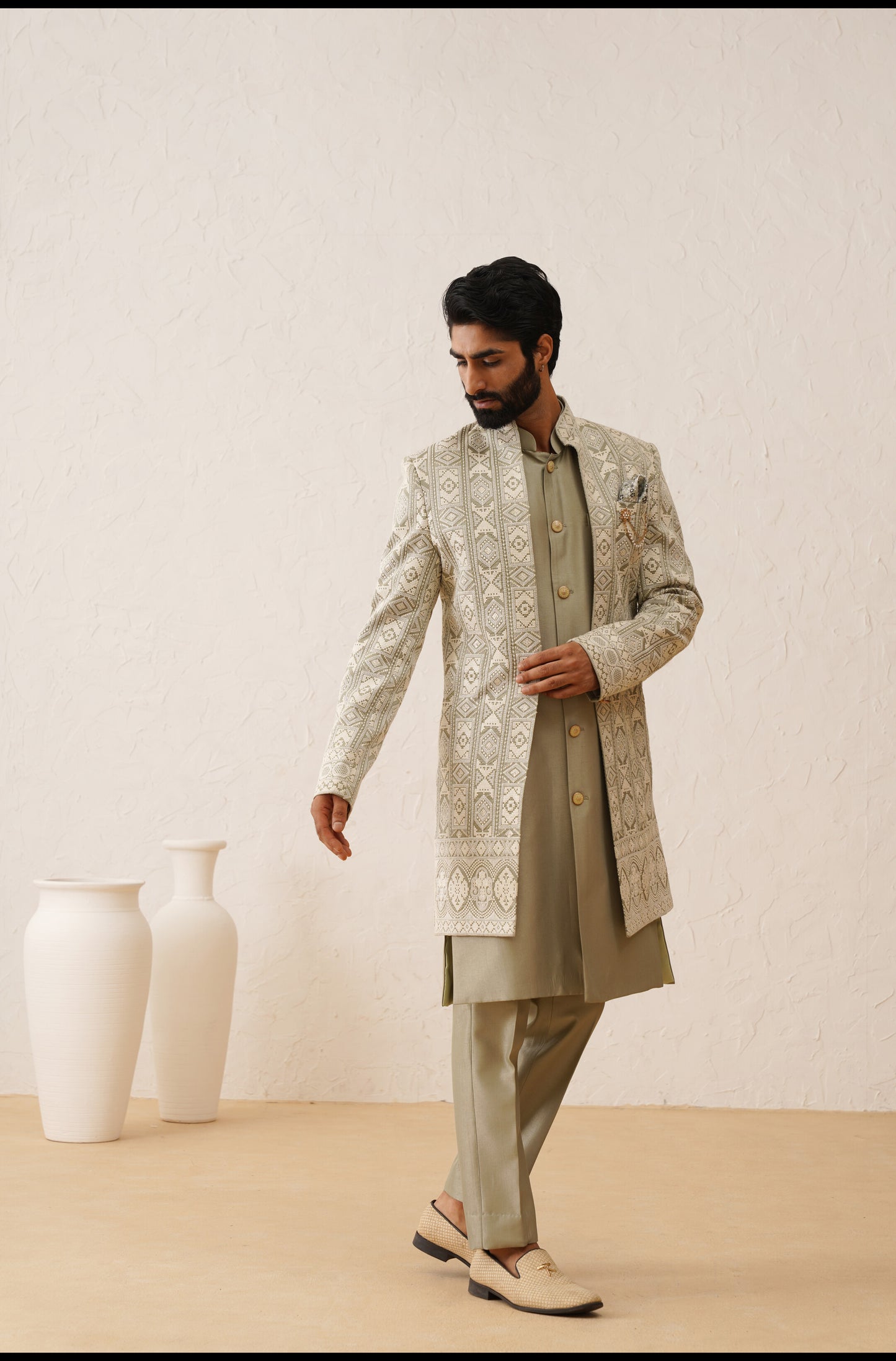 Green Chikankari Open Indowestern On Silk