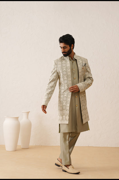Green Chikankari Open Indowestern On Silk