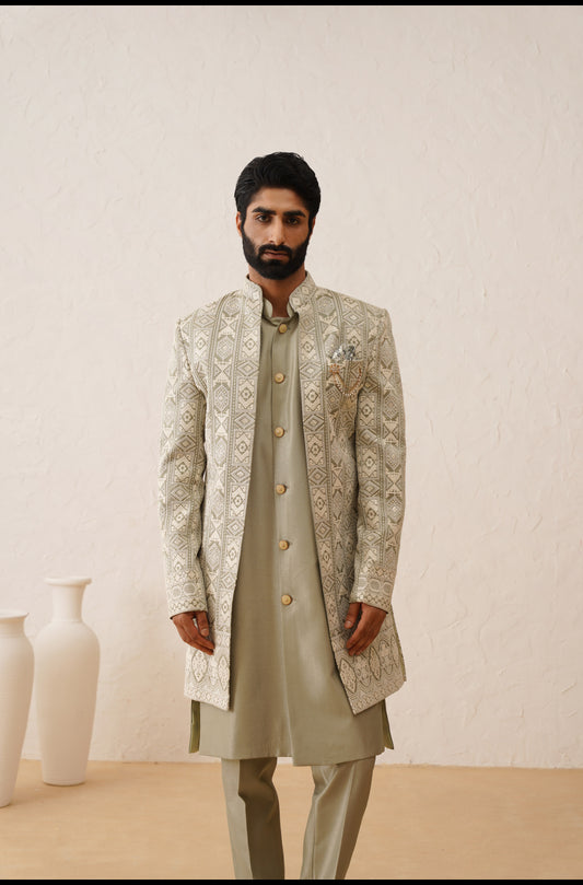 Green Chikankari Open Indowestern On Silk
