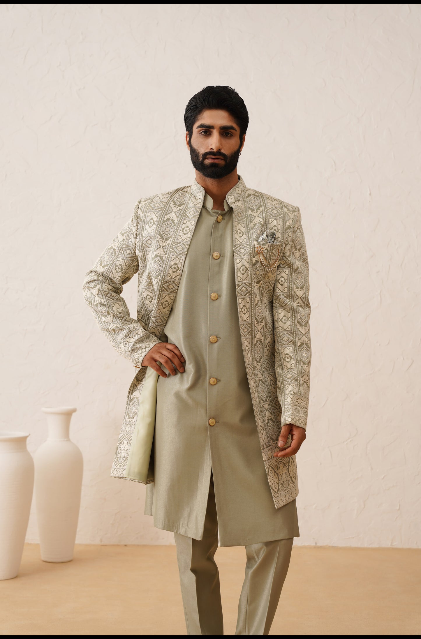 Green Chikankari Open Indowestern On Silk