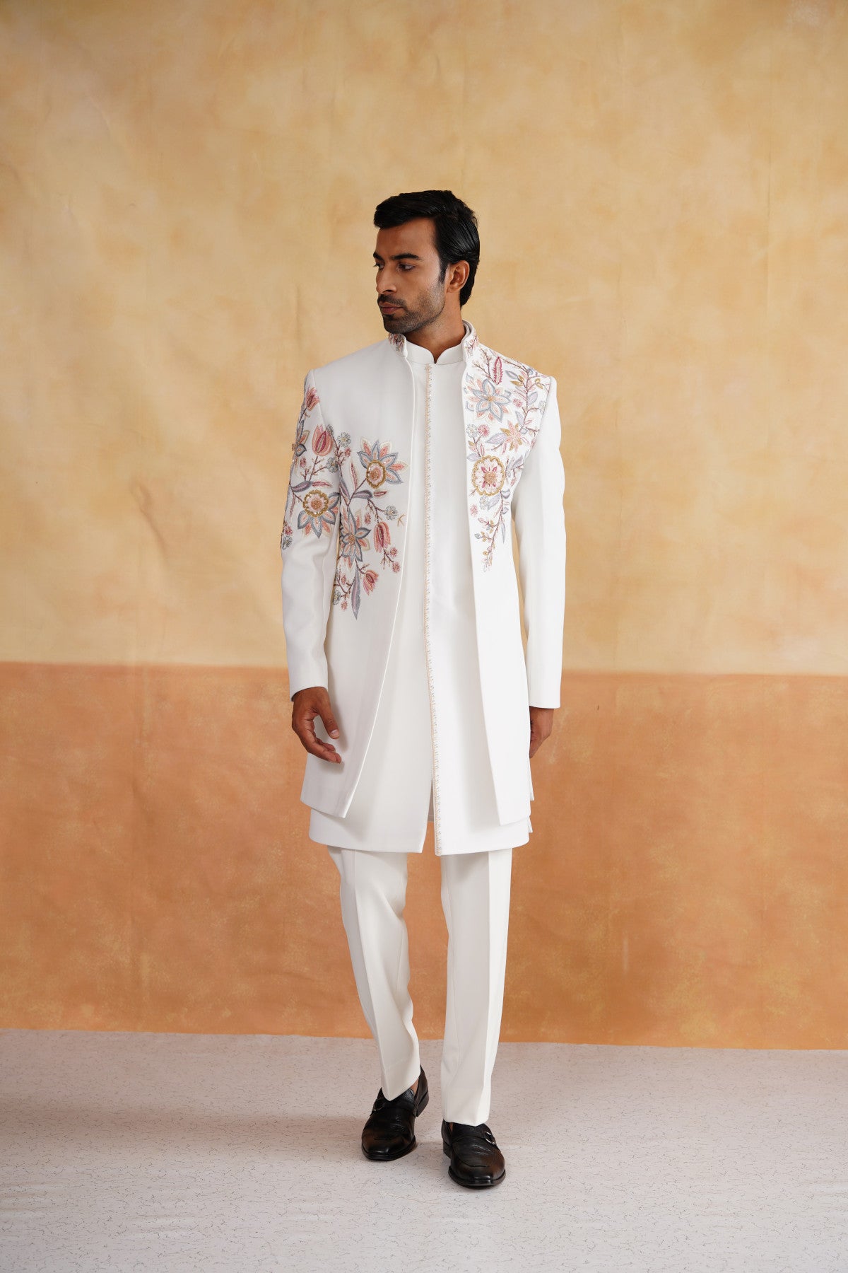 Ivory White Open-Front Indo-Western Set with Pastel Floral Embroidery