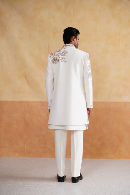 Ivory White Open-Front Indo-Western Set with Pastel Floral Embroidery