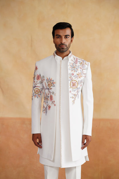 Ivory White Open-Front Indo-Western Set with Pastel Floral Embroidery