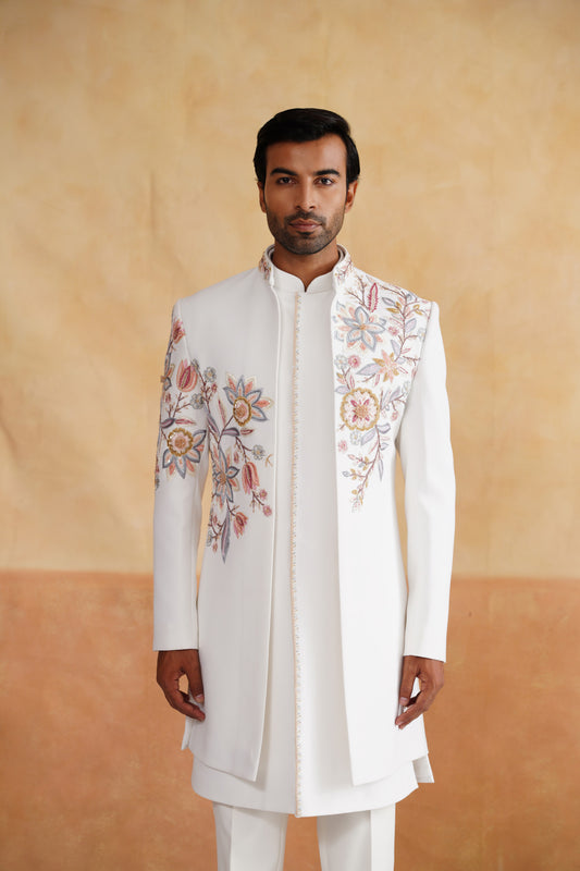 Ivory White Open-Front Indo-Western Set with Pastel Floral Embroidery