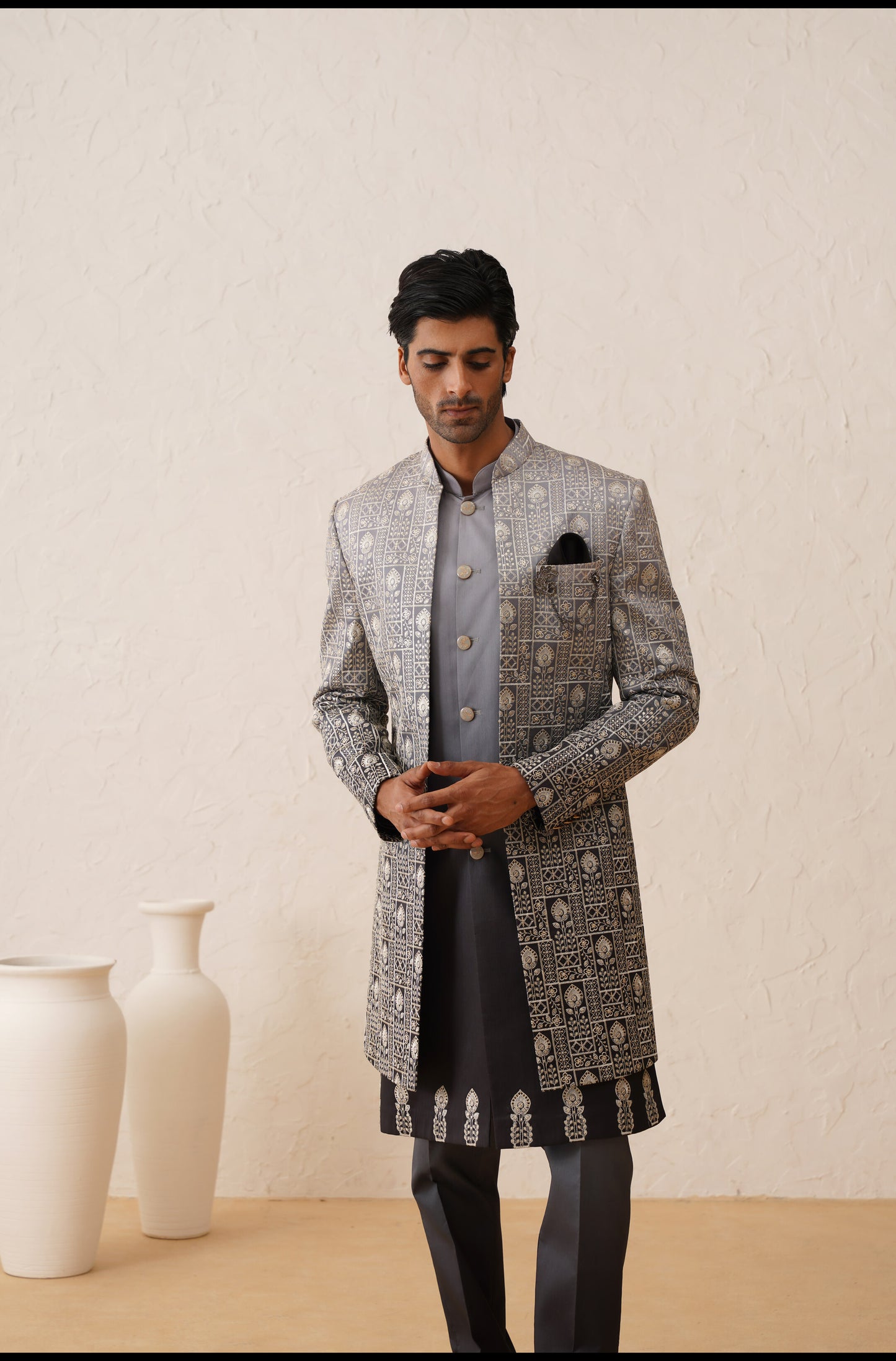 Fossil Gray Ombre Thread Embroidered Indowestern On Silk