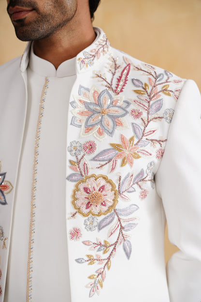 Ivory White Open-Front Indo-Western Set with Pastel Floral Embroidery