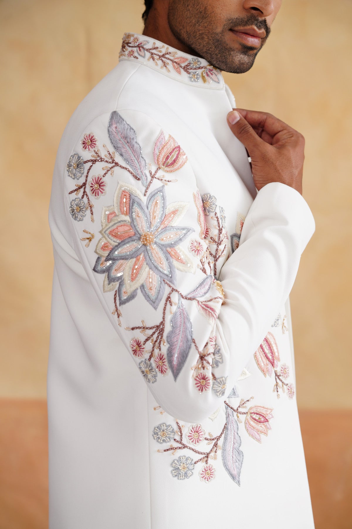 Ivory White Open-Front Indo-Western Set with Pastel Floral Embroidery