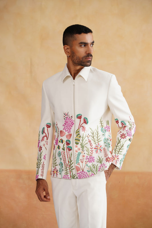 Ivory Zip-Front Jacket Set with Colorful Coral Reef & Fish Embroidery