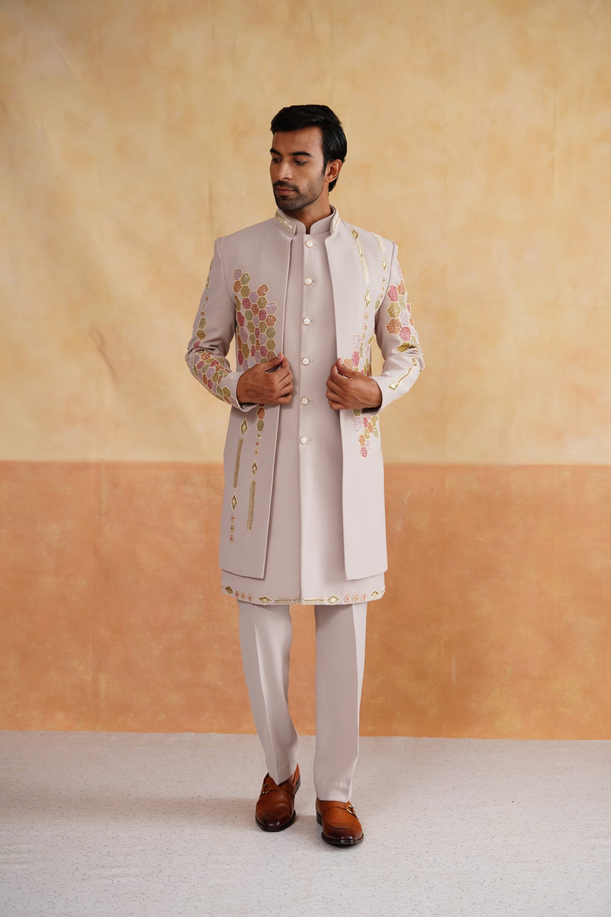 Light Beige Open-Front Indo-Western Set with Colorful Honeycomb Embroidery