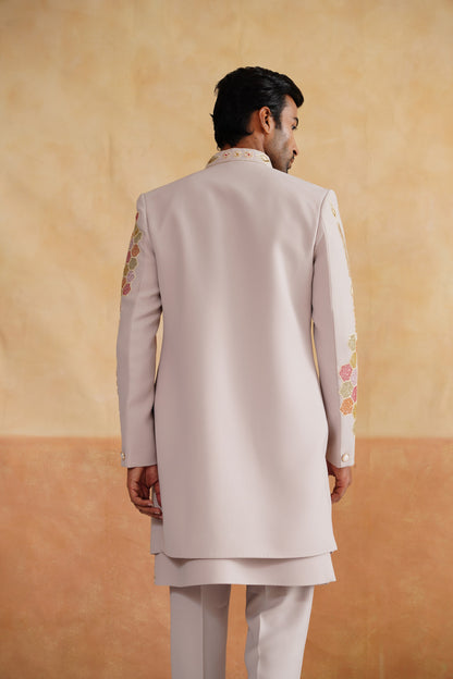 Light Beige Open-Front Indo-Western Set with Colorful Honeycomb Embroidery