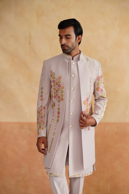 Light Beige Open-Front Indo-Western Set with Colorful Honeycomb Embroidery