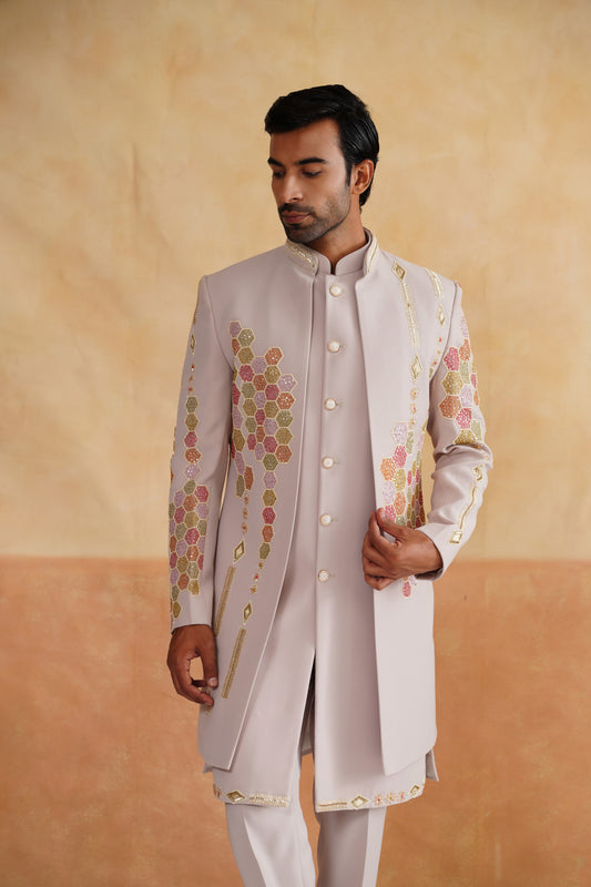 Light Beige Open-Front Indo-Western Set with Colorful Honeycomb Embroidery