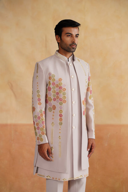 Light Beige Open-Front Indo-Western Set with Colorful Honeycomb Embroidery