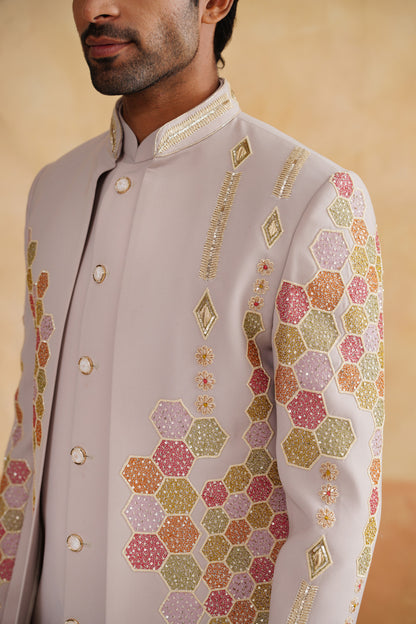 Light Beige Open-Front Indo-Western Set with Colorful Honeycomb Embroidery