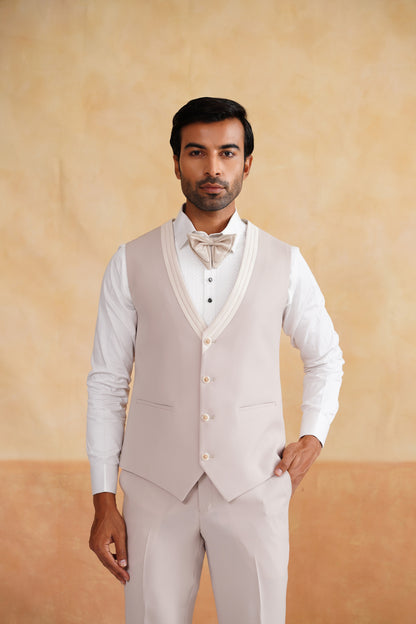 Beige Tuxedo Suit with Brownish Rust Floral Embroidery