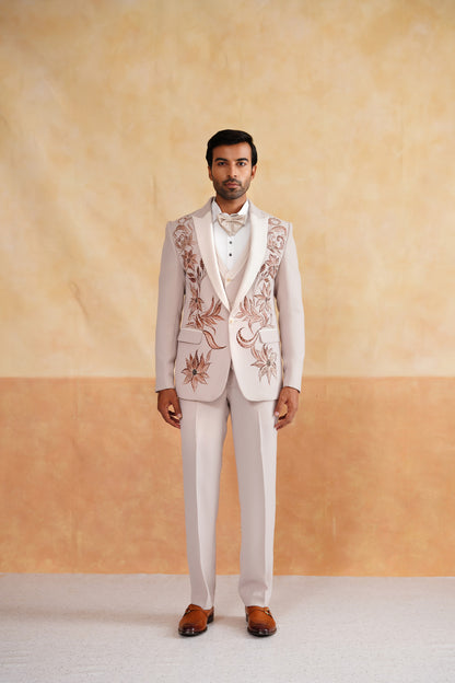 Beige Tuxedo Suit with Brownish Rust Floral Embroidery