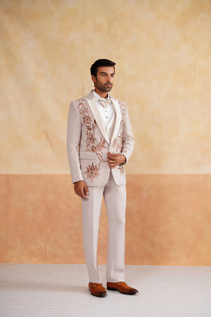 Beige Tuxedo Suit with Brownish Rust Floral Embroidery