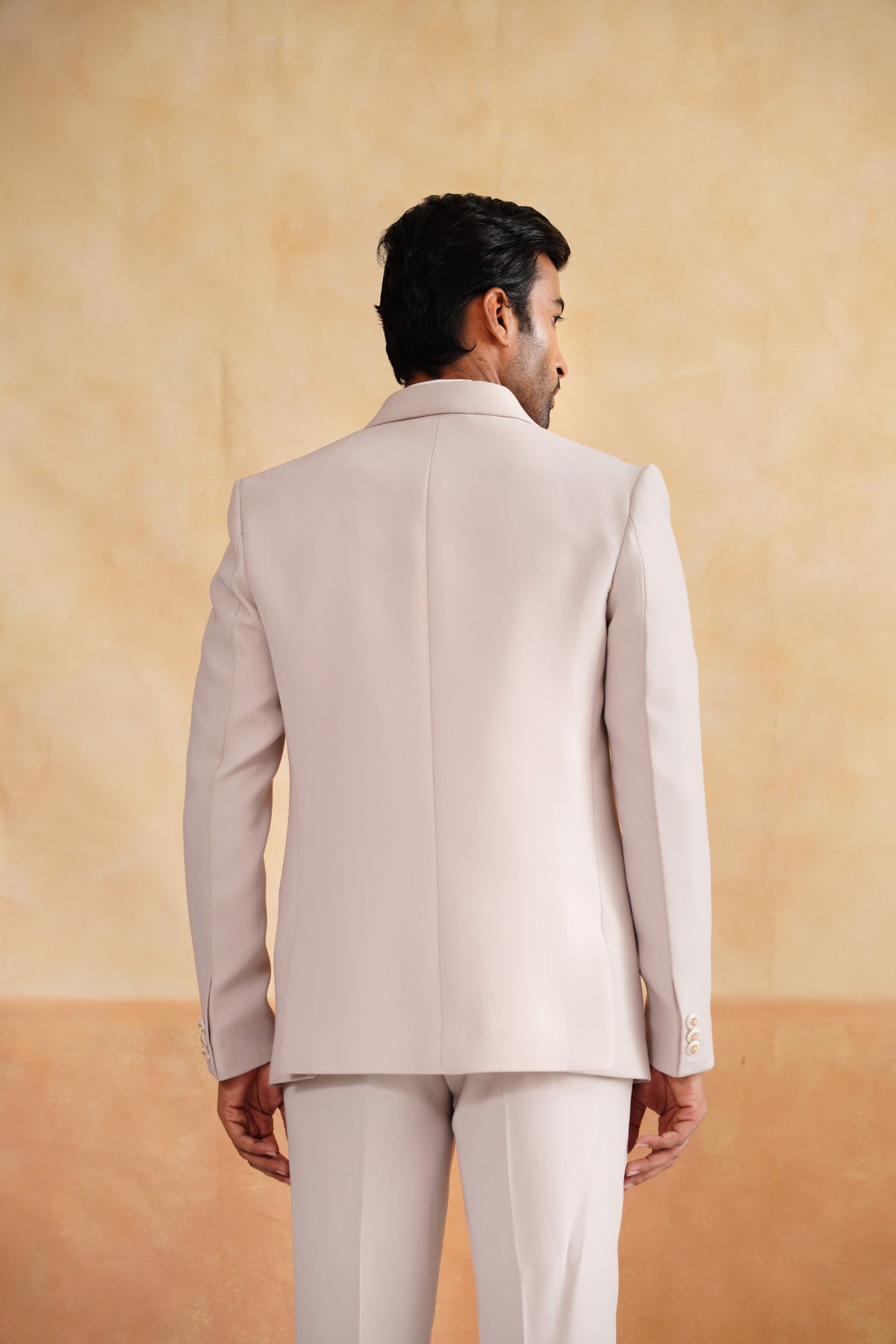 Beige Tuxedo Suit with Brownish Rust Floral Embroidery