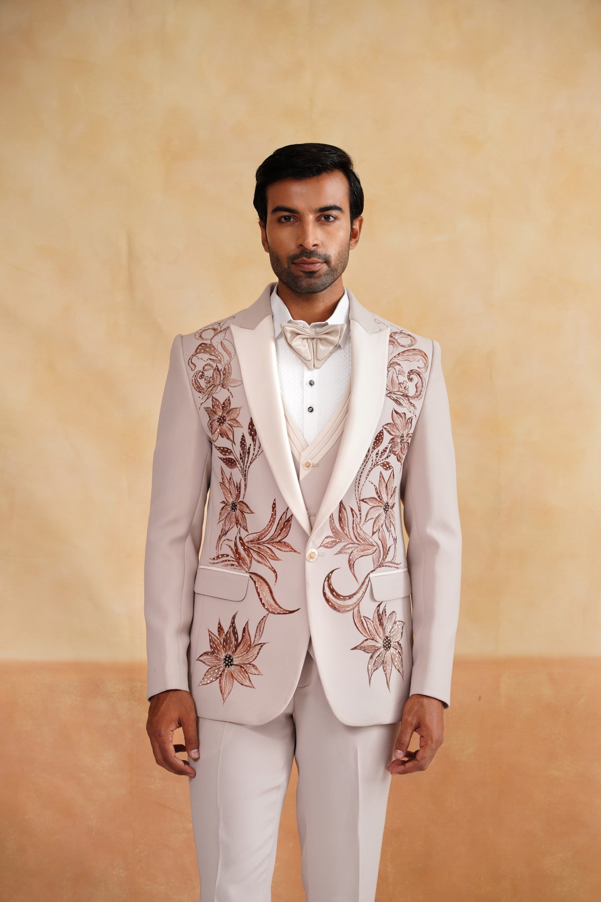 Beige Tuxedo Suit with Brownish Rust Floral Embroidery