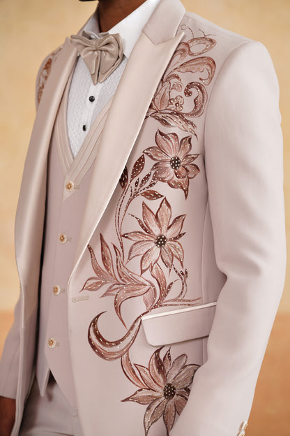 Beige Tuxedo Suit with Brownish Rust Floral Embroidery