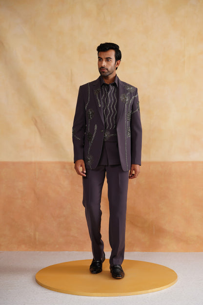 Grey Suit with Dandelion Embroidery, Matching Shirt & Cummerbund