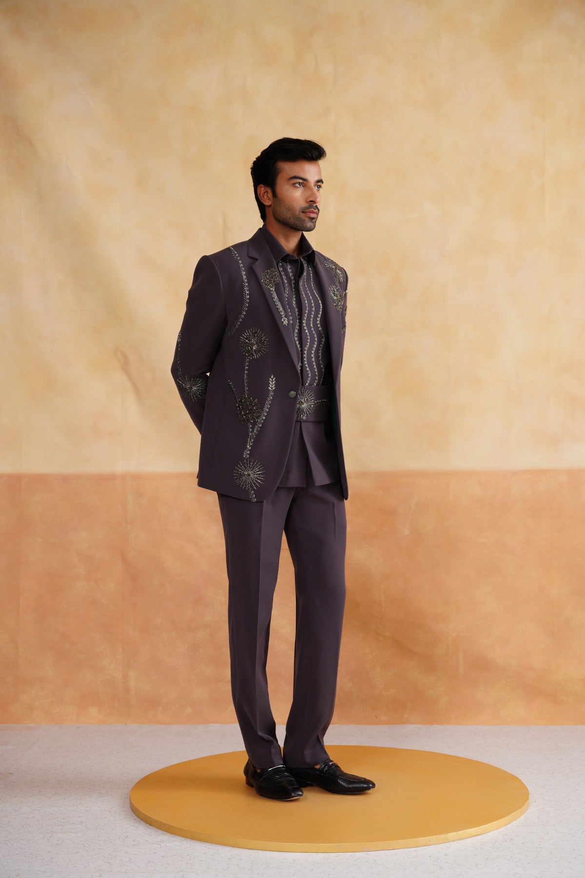 Grey Suit with Dandelion Embroidery, Matching Shirt & Cummerbund