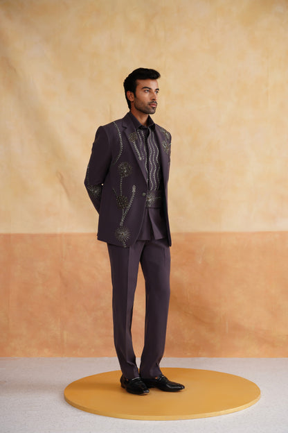 Grey Suit with Dandelion Embroidery, Matching Shirt & Cummerbund