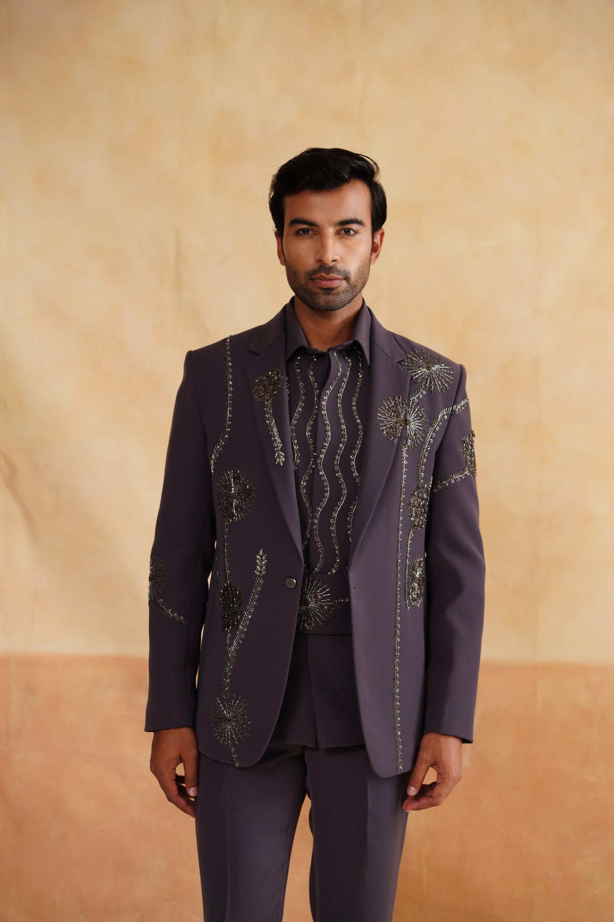 Grey Suit with Dandelion Embroidery, Matching Shirt & Cummerbund