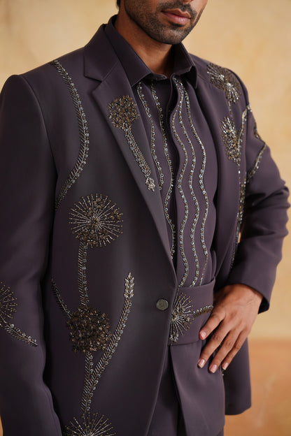 Grey Suit with Dandelion Embroidery, Matching Shirt & Cummerbund
