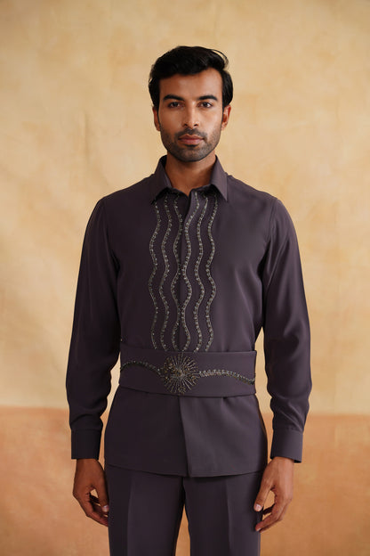 Grey Suit with Dandelion Embroidery, Matching Shirt & Cummerbund