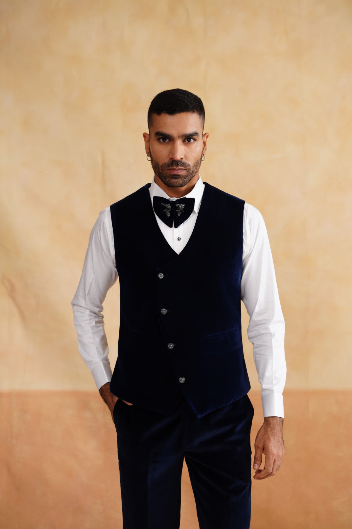 Navy Blue Velvet Tuxedo with Heavy Silver Beads Embroidery