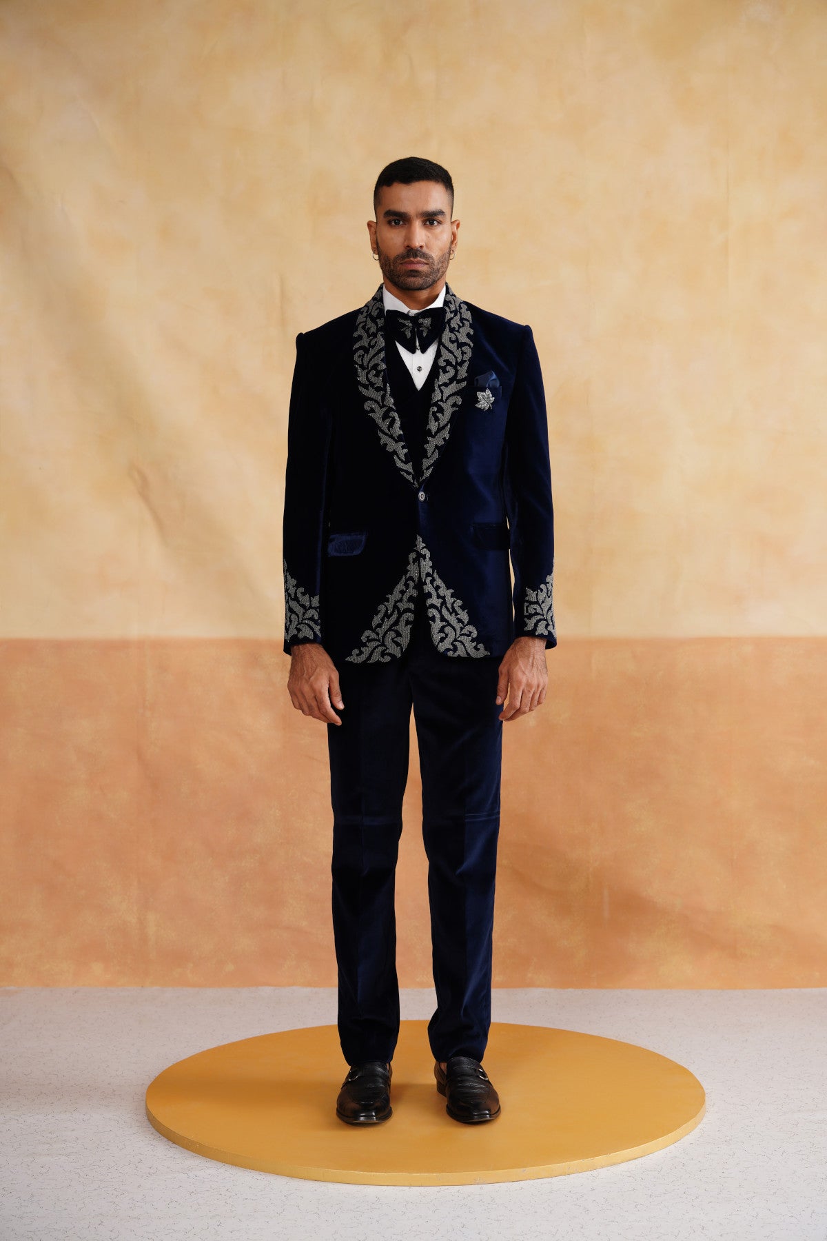 Navy Blue Velvet Tuxedo with Heavy Silver Beads Embroidery