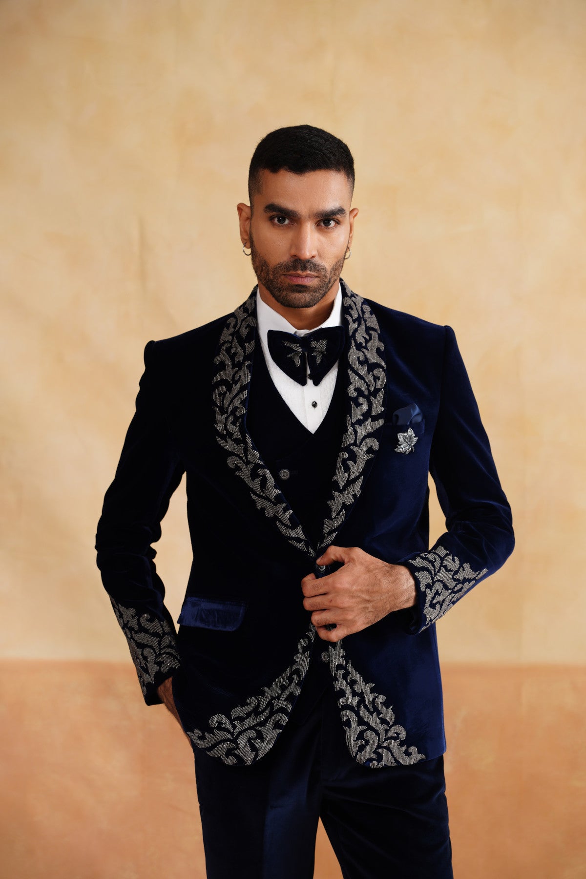 Navy Blue Velvet Tuxedo with Heavy Silver Beads Embroidery