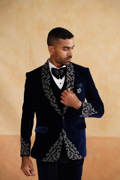 Navy Blue Velvet Tuxedo with Heavy Silver Beads Embroidery