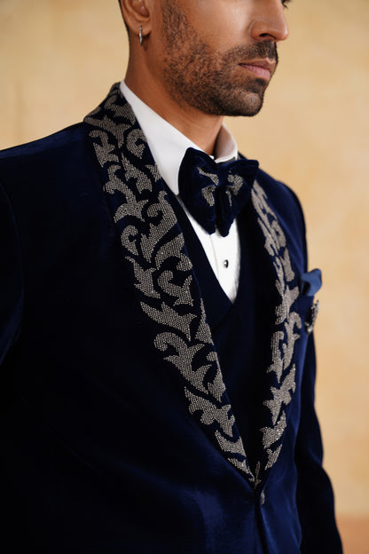 Navy Blue Velvet Tuxedo with Heavy Silver Beads Embroidery