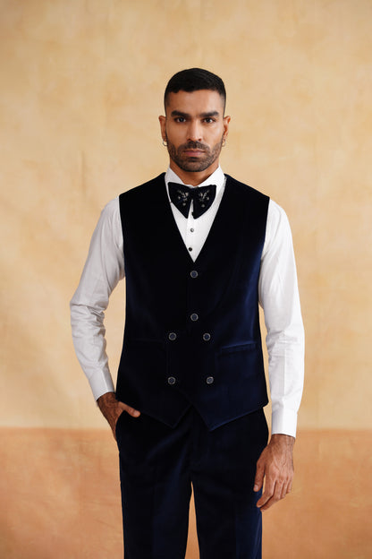 Midnight Blue Velvet Tuxedo with Silver Bird & Star Embroidery