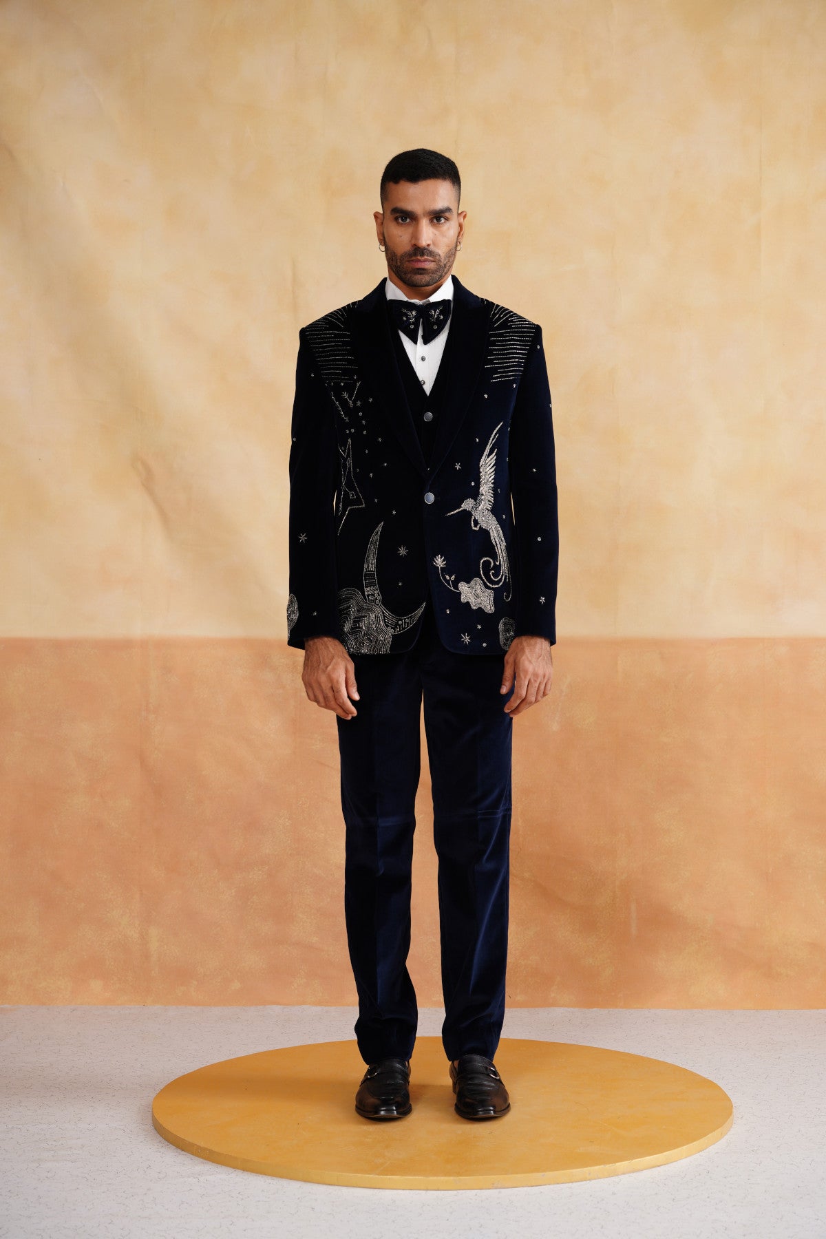 Midnight Blue Velvet Tuxedo with Silver Bird & Star Embroidery