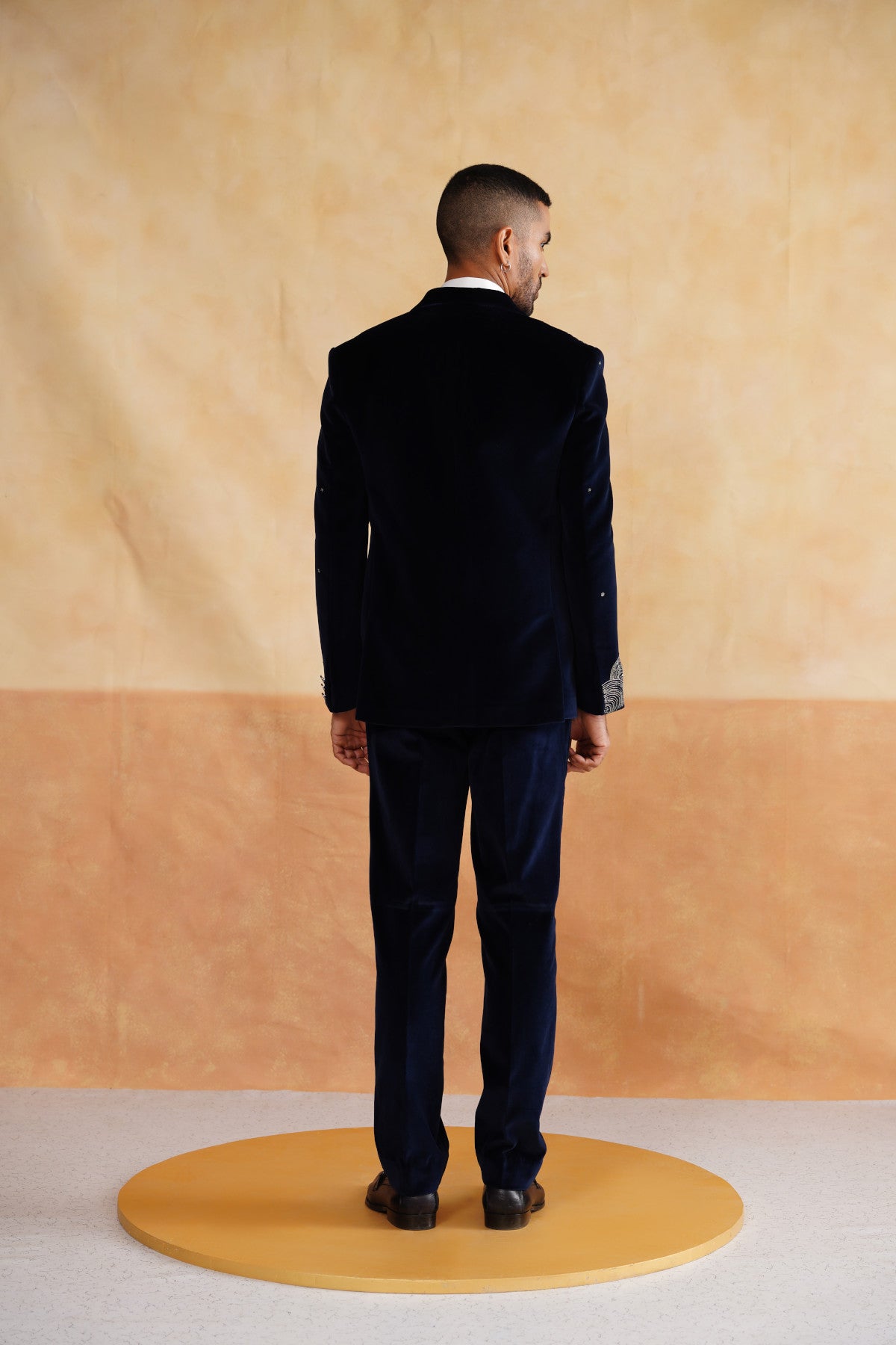 Midnight Blue Velvet Tuxedo with Silver Bird & Star Embroidery