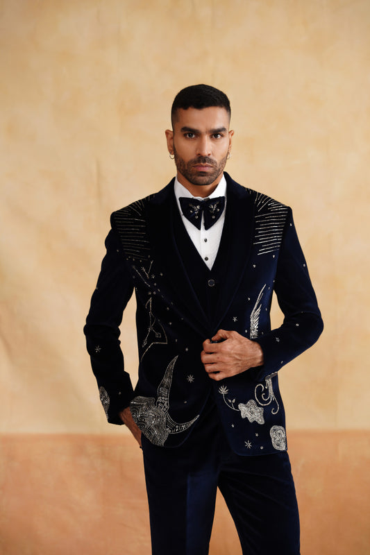 Midnight Blue Velvet Tuxedo with Silver Bird & Star Embroidery